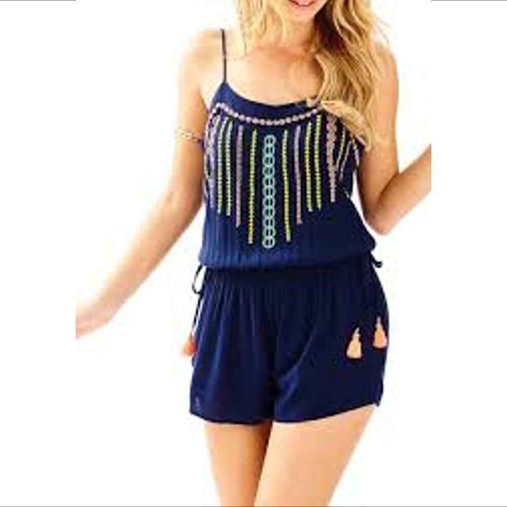 Lilly Pulitzer Navy Blue Beaded Tassel Romper
